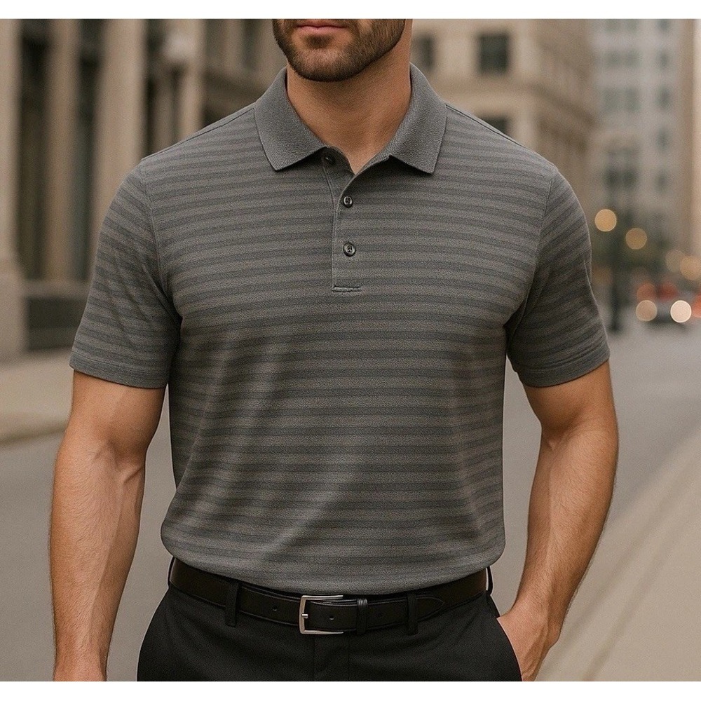 Tasso Ella Men's XL Gray Textured Striped Polo Shirt 100% Cotton Casual Golf